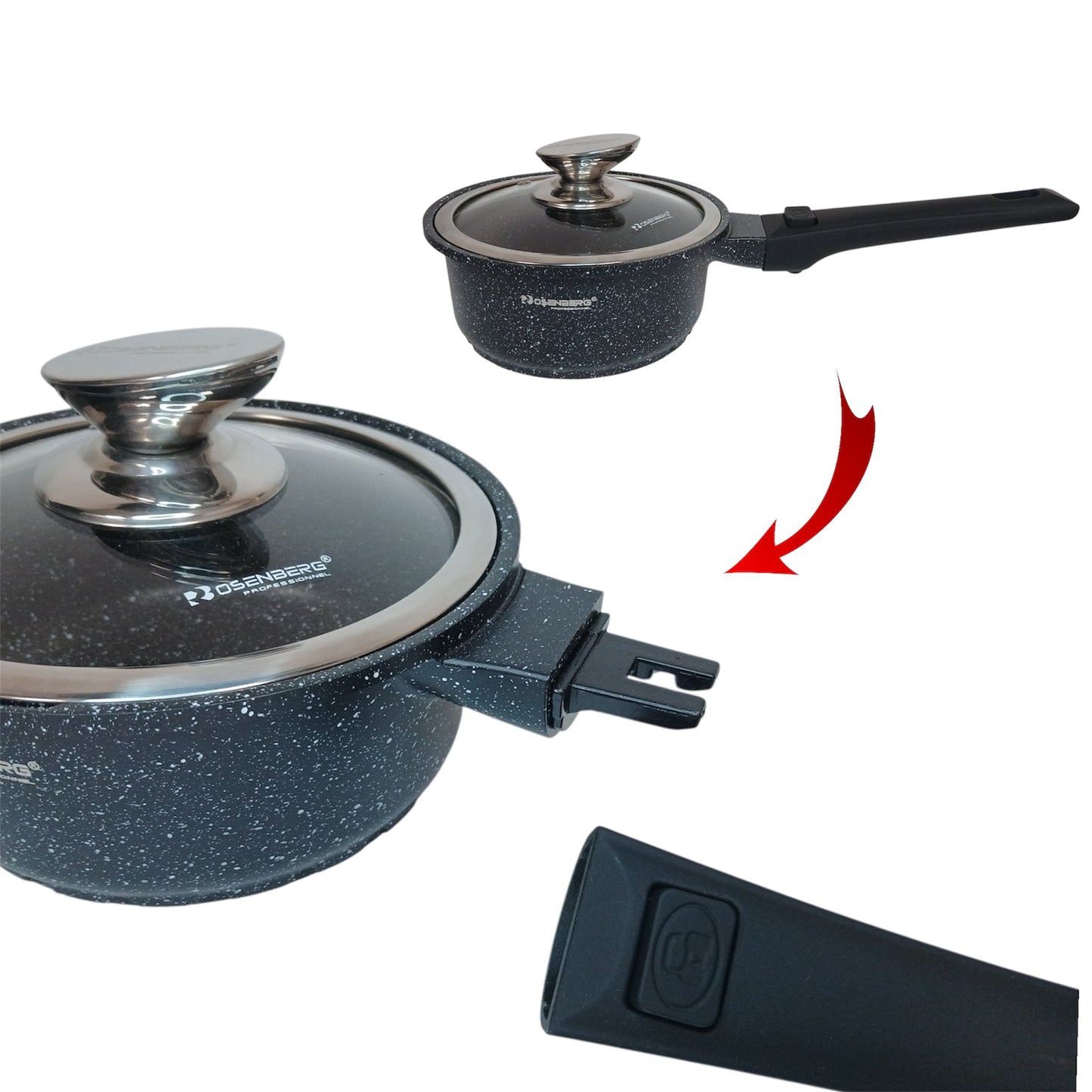 Batterie de cuisine 14 pièces avec poignée amovible